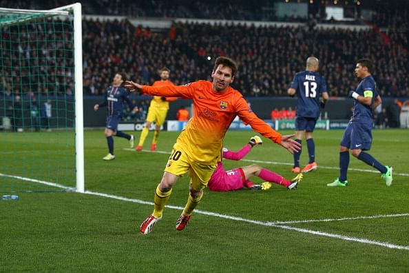 Lionel Messi of Barcelona celebrates scoring the opening goal during the UEFA Champions League Quarter Final match between Paris Saint-Germain and Barcelona FCB at Parc des Princes on April 2, 2013 in Paris, France. (Photo by Clive Rose/Getty Images)